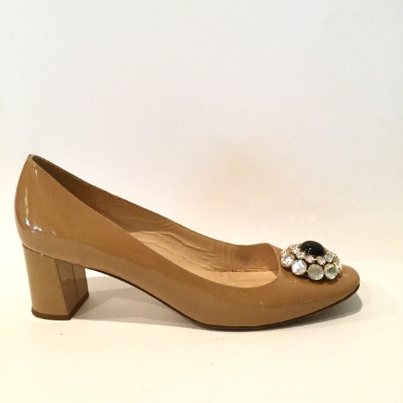 🌟HP🌟 KATE SPADE TAN JEWELED BLOCK HEELED SHOES - Picture 1 of 8